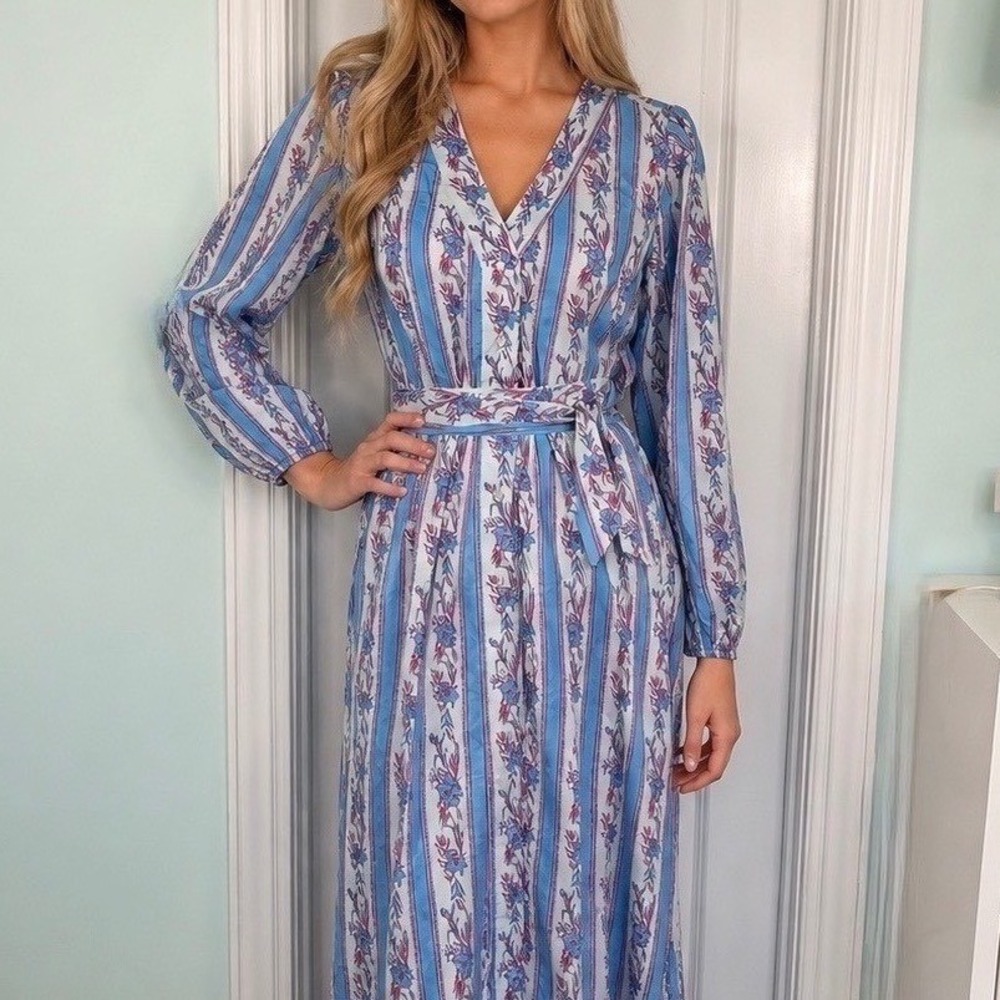 Celina Moon Anthropologie‎ Cottagecore Cotton Dress Long Sleeve Blue Pink XL NWT